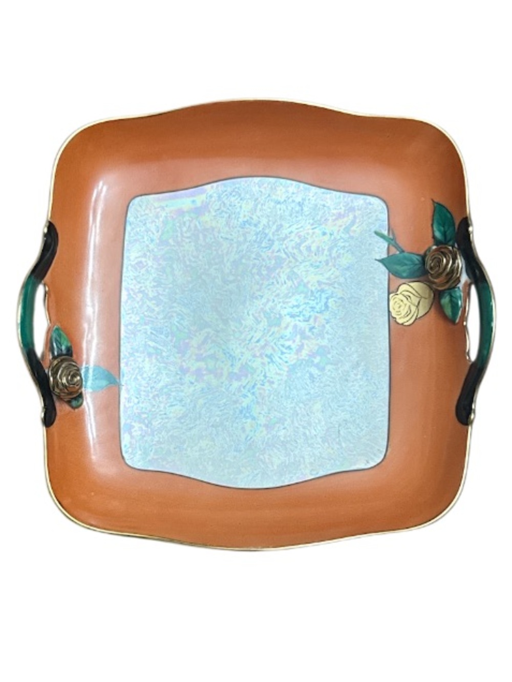 Vintage Noritake Orange Tray with Iridescent Center and Green Rose Accents